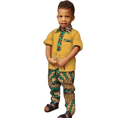 Image of XIAOHUAGUA African Clothes for Boy Kids African Outfit 2 Pcs Set Kente Print Shirt and Long Pants