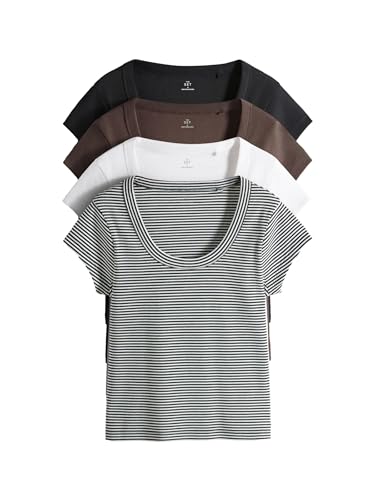 Haut côtelé femme encolure dégagée mancherons tee shirt basique lot de 4