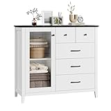 HOSTACK 5 Drawer Dresser with Glass Door, White Dresser for Bedroom, Modern Chest of Drawers with Shelves, Wood Storage Cabinet for Bedroom, Living Room, White/Black