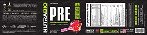 Nutrabio Pre Workout Powder - Sustained Energy, Mental Focus, Endurance - Clinically Dosed Formula - Beta Alanine, Creatine, Caffeine, Electrolytes - 20 Servings - Watermelon #TOP2