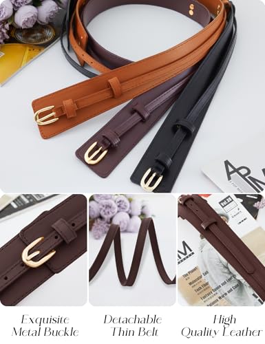 Aupuls 2 IN 1 Wide Leather Belts for Women Thin Belt for Dresses Jeans Pants with Gold Buckle, fit Waist 27-33.5"2