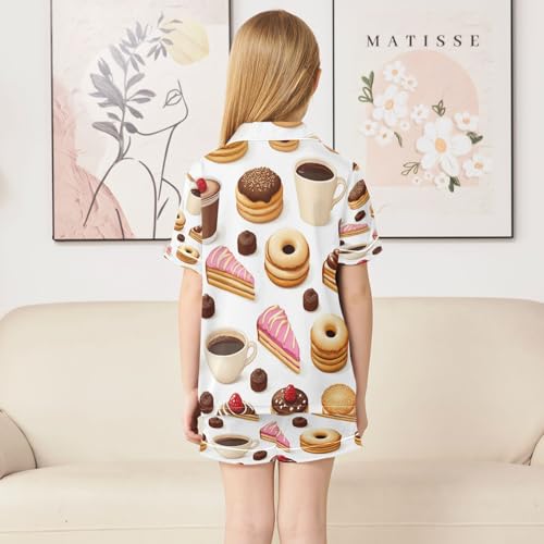 Satin Pajama Sets Short Sleeve Sweet Desserts and Drinks Button Down Silky Nightwear 2 Piece PJS 5-14Y4