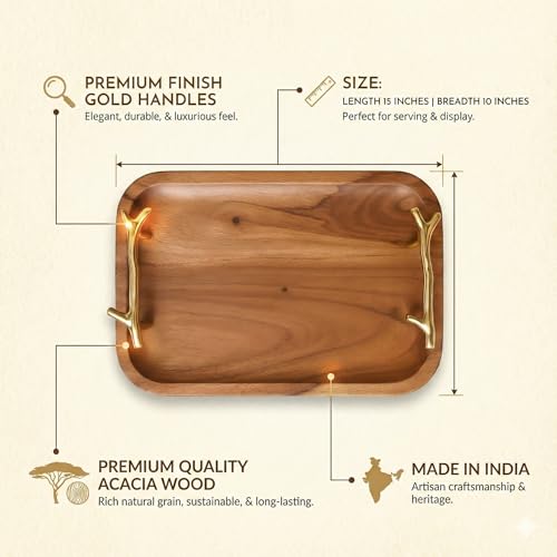 Image of CentraLit Decorative Acacia Wooden Tray for Serving - Dining Table Accessories & Kitchen Organizer Serving Trays - Luxury Wooden Tray| Gold Handles for Home Decoration (Twig Handles)