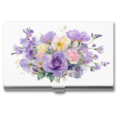 Watercolor Lavender Floral Flower Business Card Holder, Pocket Slim Portable Metal Business Card Case for Women Men