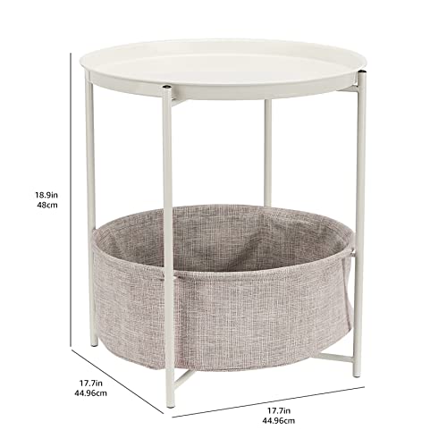 Amazon Basics Round Storage End Table, Side Table With Cloth Basket, White/Heather Gray, 18 In X 18 In X 19 In #TOP4
