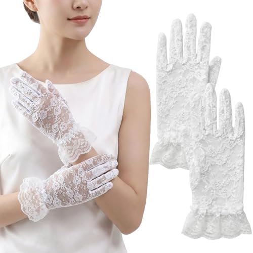Zirax 2 Pairs Womens White Lace Gloves Short Elegant Floral Gloves for Wedding Tea Party 1920s Flapper Costume Accessories for Ladies Opera Evening Prom