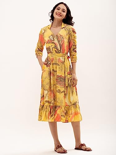 Image of AASK Abstract Printed Puff Sleeve Gathered Detailed Fit Flare Dress