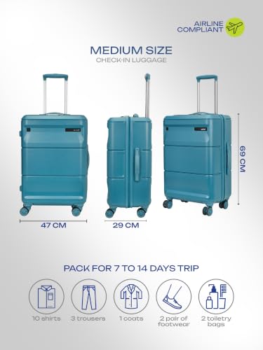 Image of Safari Cosmic Medium 8 Wheels 66cm Check-in Trolley Bag Hard Case Polycarbonate 360 Degree Wheeling System Luggage, Anti-Theft Zipper, Trolley Bags for Travel, Suitcase for Travel, Harbor Blue