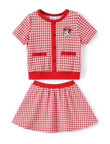 Disney Minnie Mouse Toddler Girl 2 Piece Outfit Red Short Sleeve Character Print Button Knit Elegant Top & Tweed Skirt Set Birthday Party Dress Costume Summer Holiday Clothes Gift 3-4T
