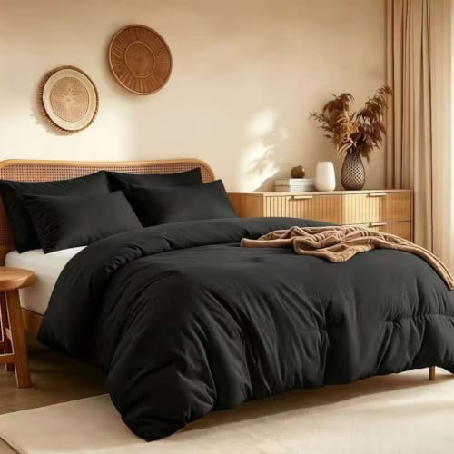Image of Quataly California King Comforter Set Prewashed Lightweight Quilted Bedding | 3PCS Black Breathable Down Alternative Bedding Set with 1 Solid Comforter (104 inchx96 inch) and 2 Soft Pillowcases