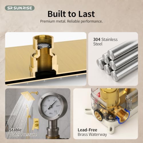 Image of SR SUN RISE Shower Faucet Set 8-Inch Rainfall Shower Head Brushed Gold