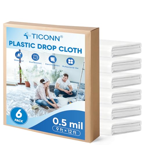 TICONN 12 x 9 Ft Plastic Drop Cloth for Painting, Waterproof Painters Plastic Sheeting, Painting Tarp for Furniture Cover, Floor Protection (6PK, 0.5Mil)