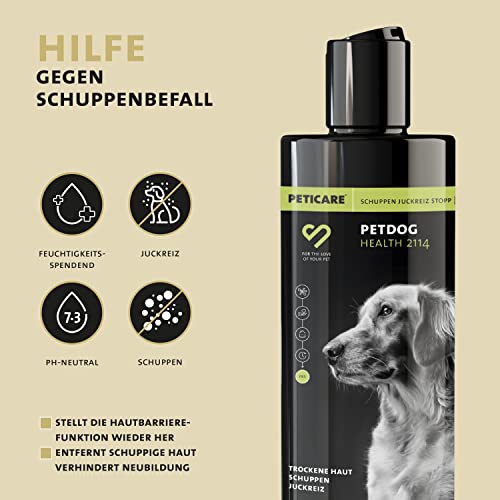 Peticare Anti-Schuppen Shampoo für Hunde | bei Juckreiz & Hautirritationen | für trockene & Sensible Hundehaut | wirkt rückfettend | einzigartiges PRS® System für Lange Wirkung - petDog Health 2114