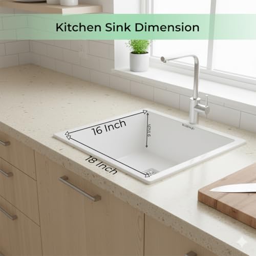 Image of BASINQU Quartz Sink for Kitchen | 18x16x9 Inches White Single Bowl Kitchen Sink | Granite UV Protected, Granite Scratch Resistant, Undermount /Topmount