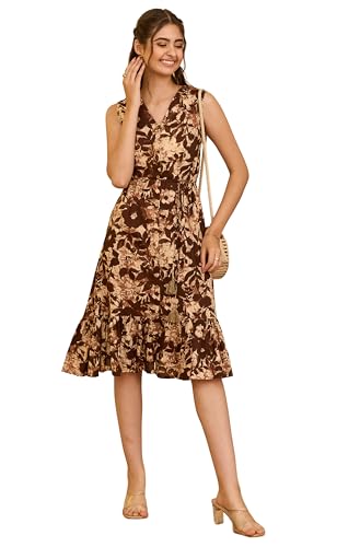 Image of Janasya Women's Cotton Ethnic Motifs Flared Western Dress