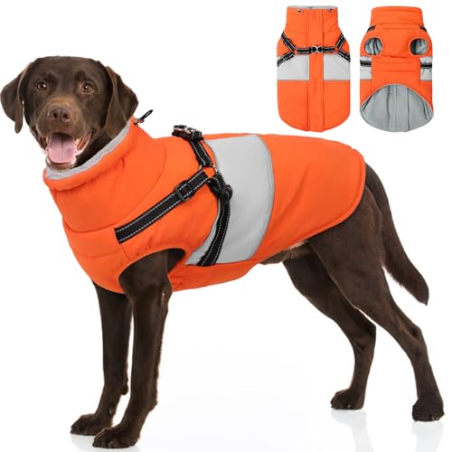 Image of Dog Jacket, Large Dog Coat with Harness Built in, Warm Pet Winter Jacket Zippered Snow Coat with Furry Collar, Waterproof Fleece Snowsuit for French Bulldog, Orange L
