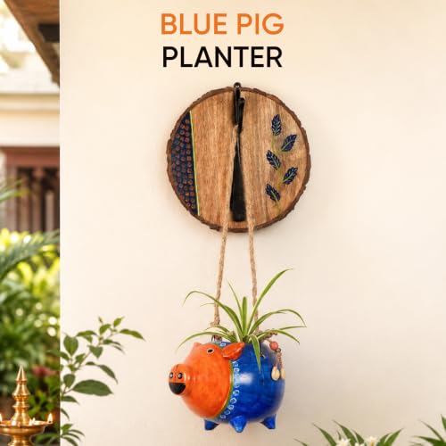 Image of AAKRITI ART CREATIONS Wall Hanging Planter with Hook | Blue Pig Design on Round Hook, Modern Art, Matte Finish | Metal, Terracotta & Wood | Decorative Hanging Pot for Indoor & Outdoor Home Decor