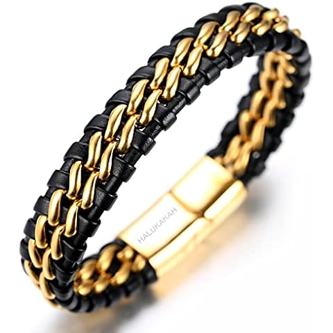 HALUKAKAH ● Solo ● Men's Genuine Leather Titanium Bracelet Black & Golden 8.46"(21.5cm) with Free Giftbox Cover