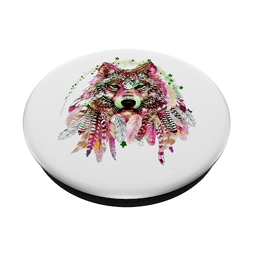 Native American Wolf Head Tribal Bohemian Tattoo Art PopSockets Swappable PopGrip, Black - Image 2