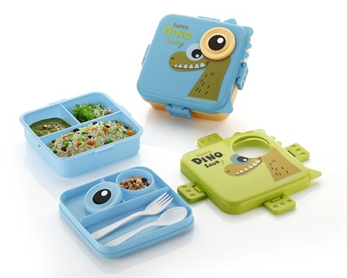 Image of Clazkit 3-Compartment Smiley Printed Design Lunch Box Plastic Leak-Proof & BPA-Free Bento Box with Platic Tray, Spoon & Container for School, Office, Travel 1120ml + 70ml, White