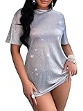 WDIRARA Women's Mock Neck Short Sleeve Glitter Tee Party T Shirts Tops Silver S