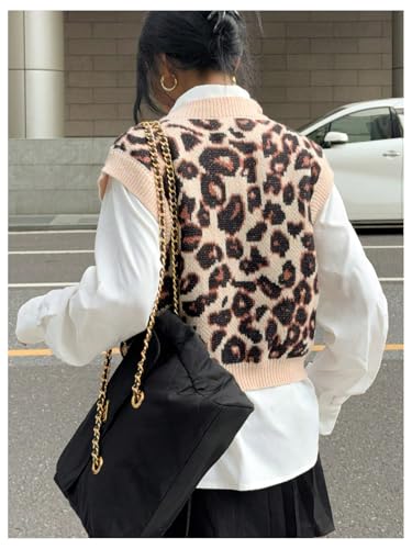 MakeMeChic Women's Leopard Print Vest Top Y2K Crew Neck Sleeveless Sweater Vests2