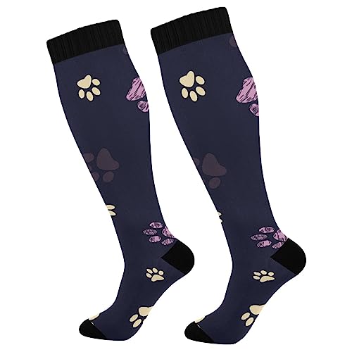 OTVEE Compression Socks Women & Men, 2 Pairs Purple Cat Dog Paw Long Socks for Gym Running Hiking Sport