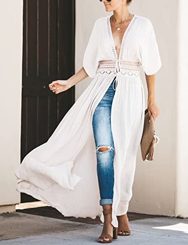 Fancyinn Women White Long Lace Cover Up Bohemian Kimono Sheer Lace Tie Front Beachwear Crochet Dress S #TOP4
