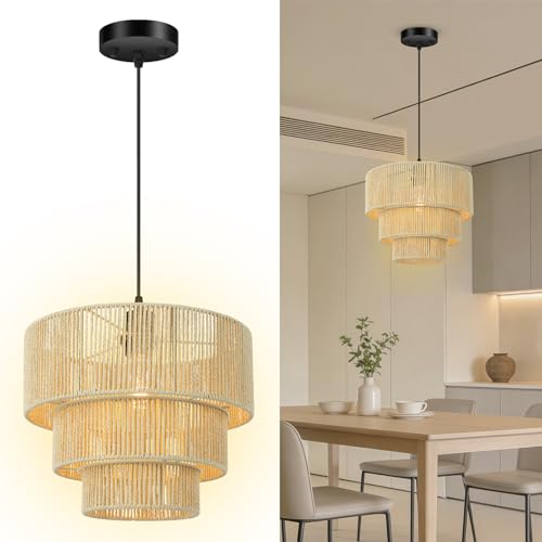 BoostArea Boho Rattan Chandelier Light,3-Tier Hand Woven Lampshade Ceiling Pendant Light Fixture,12.6” Farmhouse Chandelier Hanging Light for Living Room,Kitchen Island,Bedroom,Adjustable Cord,Beige