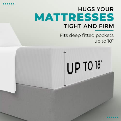 Feather & Stitch 100% Cotton 1 Piece Damask Stripe Queen Fitted Sheet 500 Thread Count White- Sateen Weave with 2 Extra Pillow Cases - Thumbnail 3