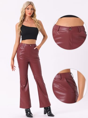Allegra K Faux Leather Casual Pant for Women's High Waist Bell Bottom Flared Long PU Trouser2