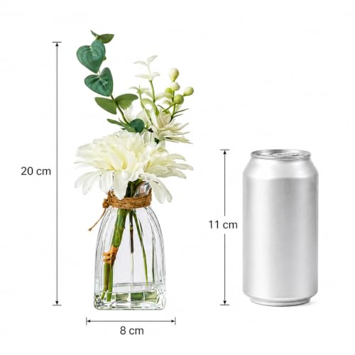 Image of CURATED CART Artificial Flower in Glass Vase for Home Decor, Small Mini Fake Plant, Realistic White and Green Faux Flower Bunch for Home, Office, Tabletop, Maintenance-Free
