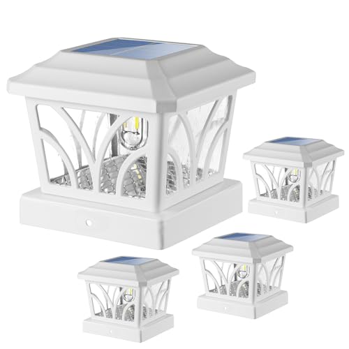 LeiDrail Solar Post Lights Outdoor, 2 Modes Aluminum Solar Fence Deck Cap Light Edison LED Bulbs for 4x4 5x5 6x6 Vinyl Wooden Posts, Patio Decoration Warm White & Cool White 4 Pack (White)