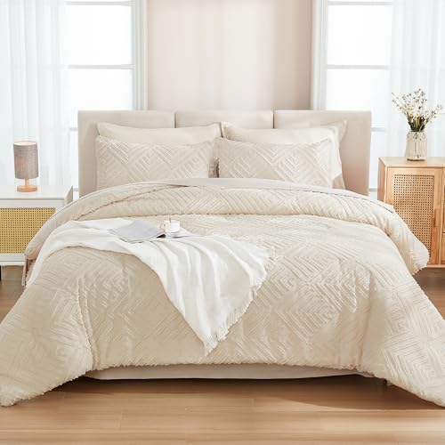 Image of Andency Oversized King Size Comforter Set with Sheets Beige - 7 Pieces Bed in a Bag Oversized King Boho Tufted Lightweight Bedding Sets with Comforter, Sheets, Pillowcases & Shams