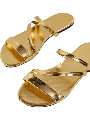 GORGLITTER Women's Metallic Strappy Open Toe Flat Sandal PU Leather Summer Slides Sandals4