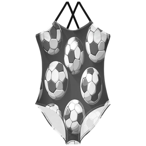 Pigsaly Girls One Piece Swimsuits Gray White Black Soccer Balls Football Kids Cross Back Swimwear Bathing Suit 5T-6T