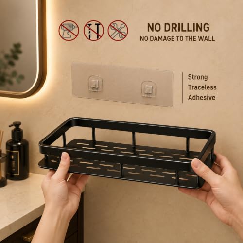Image of OSLEN Pack of 2 Self Adhesive Bathroom Shelf, Metal Wall Mounted Shower Storage Rack, No Drill Bathroom Shelf Organizer, Rust Proof Storage Rack for Bathroom & Kitchen, Strong Adhesive, Black