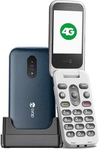 DORO - Doro 2820 - Cellulare Per Anziani - Cellulare a Conchiglia 4G sbloccato - Tasti Grandi a Risposta Vocale - Fotocamera - Bluetooth - Tasto Di Assistenza - Base Per Ricarica Inclusa - Blu/Bianco