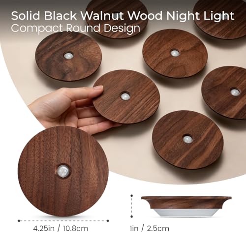 Image of Motion Sensor Night Light Wood Rechargeable Battery Powered Stick-On Step Lights Magnetic Closet Warm Nightlight for Hallway Bedroom Stair, Black Walnut