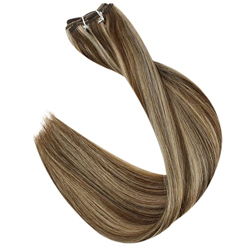 Image of Full Shine Invisible Weft Hair Extensions 120G 20 Inch Add Volume For Women | sew in Hair Extensions, Medium Brown Highlight Honey Blonde, Remy Hair Weft, Party Wear, Date Night