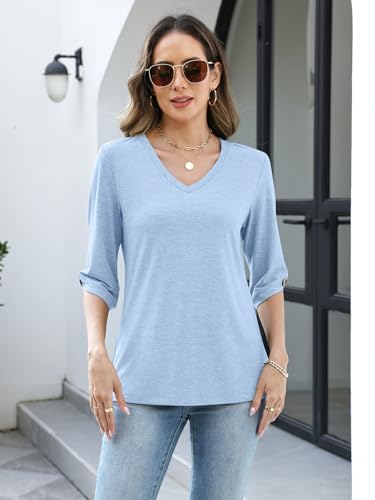 Image of TICTICMIMI Womens Tops 3 /4 Length Sleeve V Neck Casual Trendy Button Tunic Tops Summer Basic T-Shirts Loose Fit Pullover