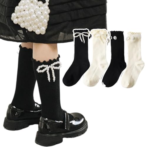 4 Pairs Girls' Princess Style Calf Knee High Socks with Pearl Bowknot Flowers, Cute Black White Stockings for 1-12 Years Old