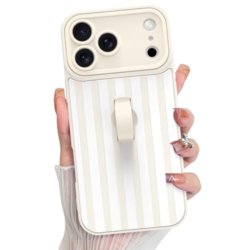 KANGHAR Compatible with iPhone 17 Pro Max Case 2025 Silicone Stripes Cute Pattern Wristband Kickstand Camera Protection Soft Slim Cover for Girls Women -White
