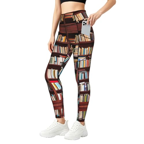 Leggings con estampado de libros para mujer con bolsillos prácticos de gimnasio
