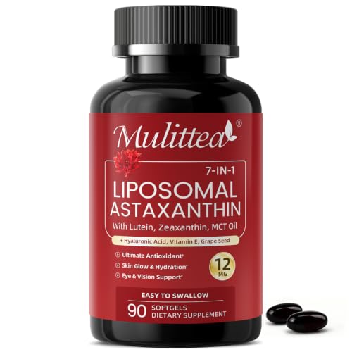 Liposomal Astaxanthin 12mg with Lutein & Hyaluronic Acid, 90 Softgels | 7-in-1 Triple Strength Antioxidant Supplement w/ Vitamin E, Zeaxanthin for Skin & Eye Health. Gluten-free, GMP certified.