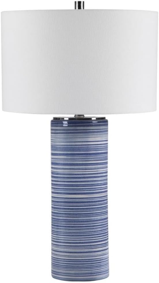 BOWERY HILL Striped Table Lamp, 28.5 in H Ceramic Base, White and Indigo Finish, Round Drum Linen Shade, 150W Type A Bulb, Contemporary Design for Living Room or Bedroom