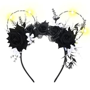 Handmade LED Light Up Flower Mouse Ear Headband – Black, for Women’s Themed Parks, Weddings and Birthday Hair Accessories