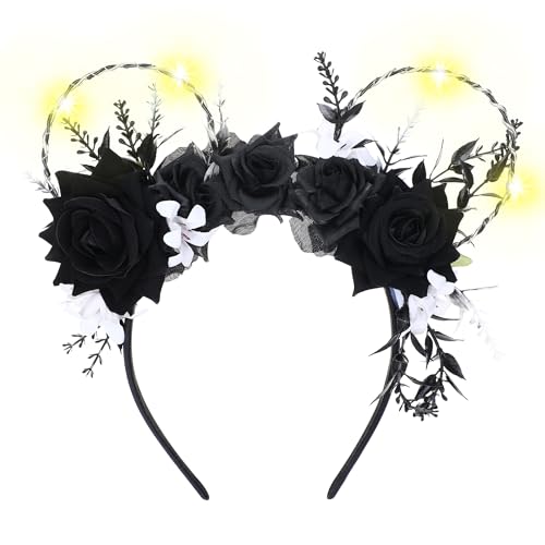 Handmade-LED-Light-Up-Flower-Mouse-Ear-Headband-Black-for-Womens-Themed-Parks-Weddings-and-Birthday-Hair-Accessories