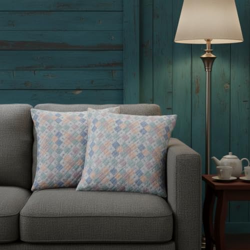 Image of STITCHNEST 'QuadraNest' Series Printed Quilted Velvet Cushion Cover 16x16 Inch Set of 2 | Premium Soft Fabric, Washable & Fade Resistant | Decorative Living Room Cushion Covers | Serene Pastel Check