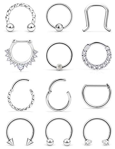 Hoeudjo 16G Septum Rings Hoop Nose Ring Horseshoe Stainless Steel Cartilage Earrings Hoop Helix Tragus Septum Clicker Piercing Jewerly for Women Men Silver-Tone